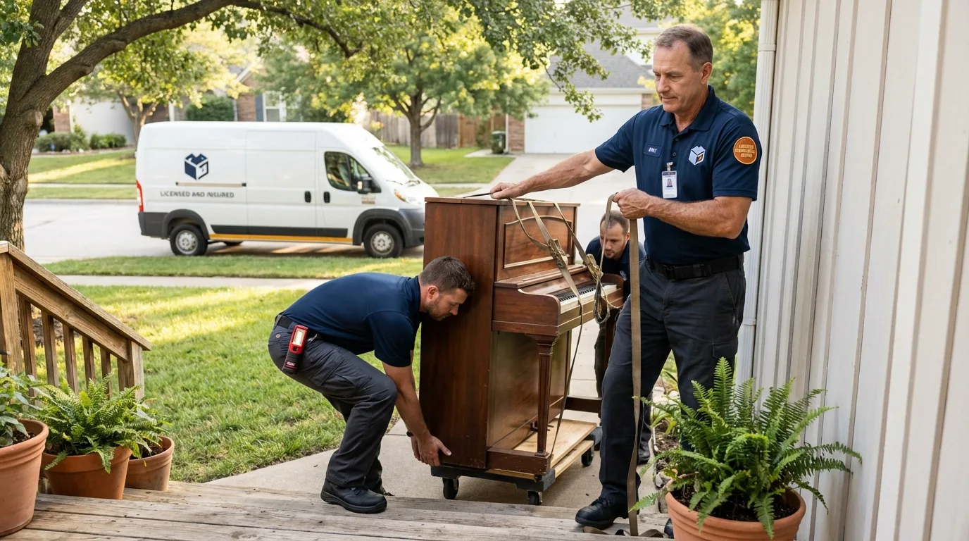 Licensed piano movers securing grand piano in Pleasant Hill, OH