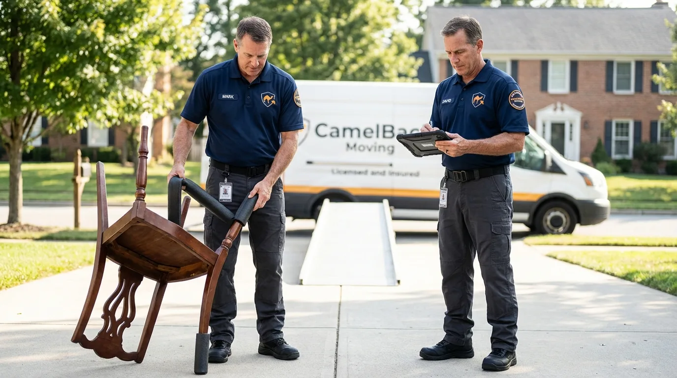 Movers inspecting furniture for damage prevention before loading in Pleasant Hill, OH