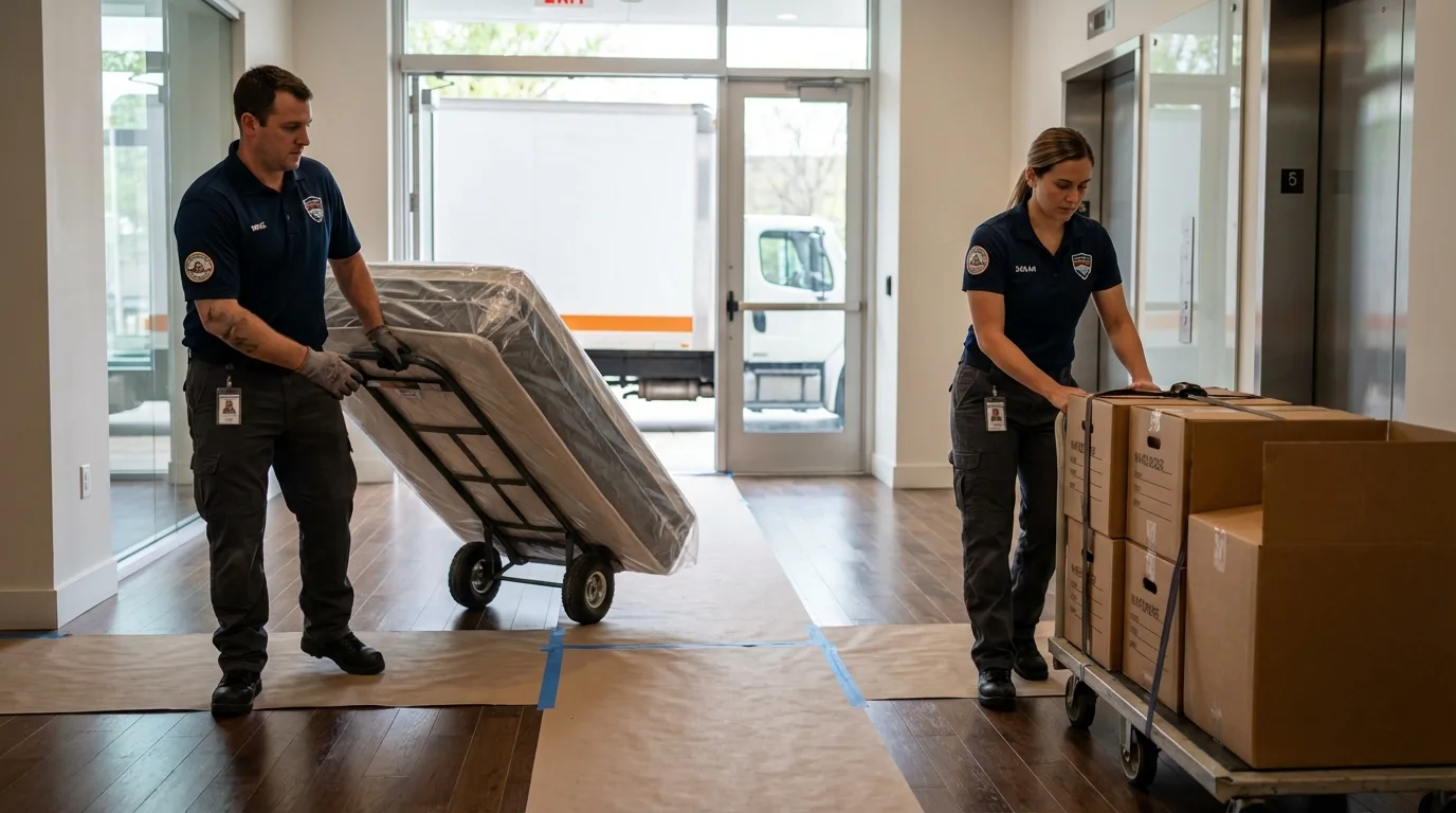 Professional apartment movers loading elevator in Pleasant Hill, OH